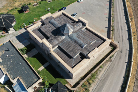 Oresin Caravanserai in Aksaray, Seljuk period structure. A drone view of the caravanserai. Aksaray, Turkey.のeditorial素材