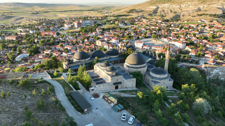 A photo of Seyyid Battal Gazi Complex taken with a drone. There are structures such as mosques, tombs, madrasahs and almshouses within the social complex.のeditorial素材