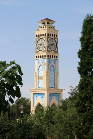 Clock tower located in a park in Taraz, Kazakhstan. Near the tower is the archaeological site of...