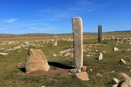 The Jargalant monument site is located in Mongolia's Arkhangai province. The stones at the site feature images of deers and various motifs.の写真素材