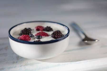 Healthy homemade  yoghurt  with fresh blueberries, raspberries and blackberries  with early summer morning light, shallow depth of fieldの写真素材