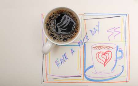 Top view of Fresh morning coffee on Have a nice day word poster with copy spaceの写真素材