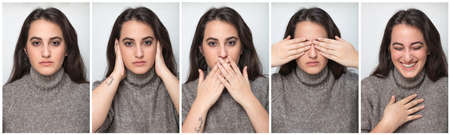 Series of five portraits of a pretty woman showing a serious look, laughing and the three monkey concept - hear no evil, see no evil, speak no evilの写真素材