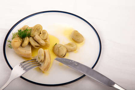 Horizontal shot of artichokes with broad beans  on a white plate on a table with fork and knife  High angle viewの写真素材