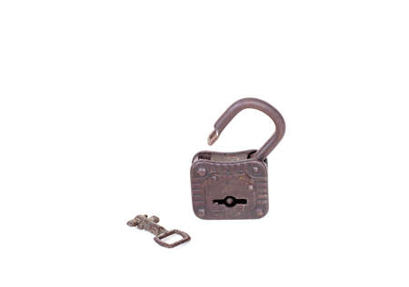 Vintage rusty padlock and key  isolated on white backgroundの写真素材