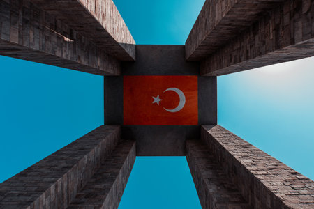 Turkey flag in the form of a cube on a blue sky background. 3d rendering