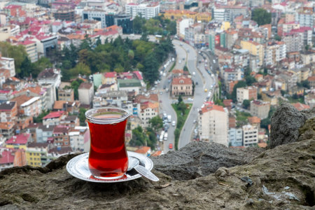 Turkish tea on the background of the city of Istanbul, Turkey.の写真素材