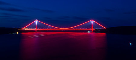 Panoramic view of the bridge over the river at night.の写真素材