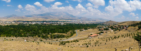 Panoramic view of a city landscape with mountains and forests