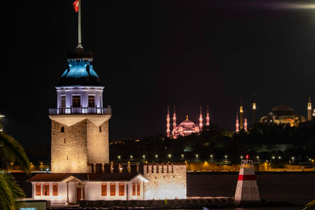 Night view of a tower in Istanbul, Turkeyの写真素材