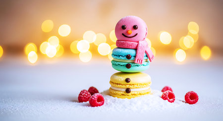 Cute Macaron Snowman Stacked Dessert with Scarf, Raspberries, and Bokeh Lightsの素材