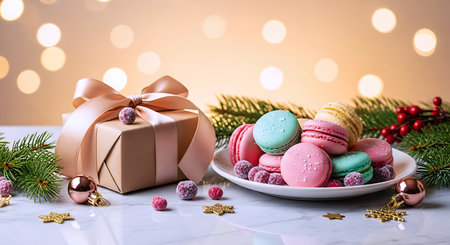 Luxury Christmas Gift Box with Macarons and Festive Golden Bokeh Lightsの素材