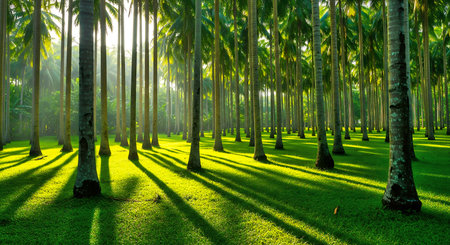 Tropical Palm Tree Plantation with Sunlight and Long Shadows in Morningの素材