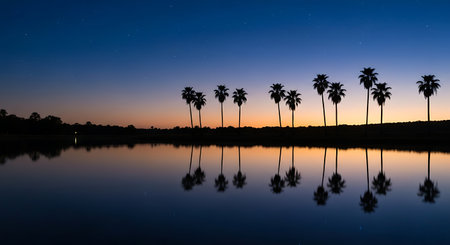 Palm Tree Silhouettes Reflected in Water at Sunset Twilightの素材