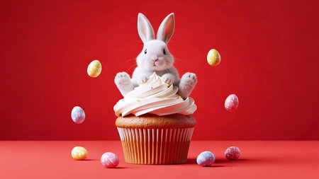 Cute White Easter Bunny Sitting on Creamy Cupcake Surrounded by Colorful Eggs on Bold Red Background for Sweet Holiday Branding Conceptの素材