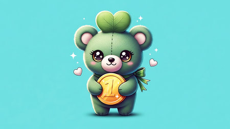 Cute Lucky Bear Holding Gold Coin With Shamrock Leaf For St Patrick's Day Branding And Adorable Festive Lifestyle Designの素材