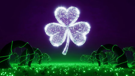 Magical Glowing Shamrock Floating Over Enchanted Green Meadow For St Patrick's Day Fantasy Branding And Mystical Lifestyle Backgroundの素材