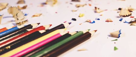 Multicolored pencils and shavings on white background.の写真素材