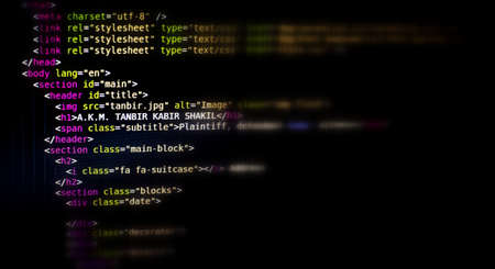 Dhaka,Bangladesh-February 26 , 2020 : Coding programming source code screen. Colorful abstract data display. Software developer web program script. Dark.Technology concept with copy space for text.のeditorial素材