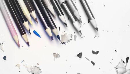 Random Size Pencils and Shavings on Black and White Background .Top Corner View of Pencils and Shavings Selected Focus on Subject .Black and White Pencils Background with Copy Space For Text .の写真素材