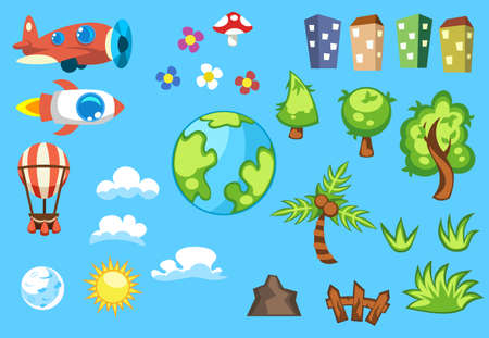 Set of cartoon objects houses in different colors, green trees, white clouds, planet earth, sun and moon, air balloon, vintage aircraft  rocket, mushroom  flowers, fence  mountainのイラスト素材