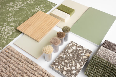 Earthy Green Interior Design Material Sample Board with Fabrics, Terrazzo, Wood, and Wallpaper for...