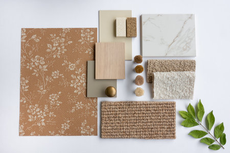 Interior Design Material Sample Board with Fabrics, Carrara Marble, Wood, and Wallpaper for Home...