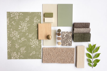 Earthy Green Interior Design Material Sample Board with Fabrics, Terrazzo, Wood, and Wallpaper for...