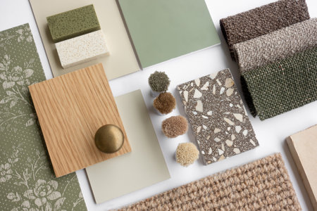 Earthy Green Interior Design Material Sample Board with Fabrics, Terrazzo, Wood, and Wallpaper for...