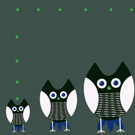 Three owls of different sizes on a postcardのイラスト素材