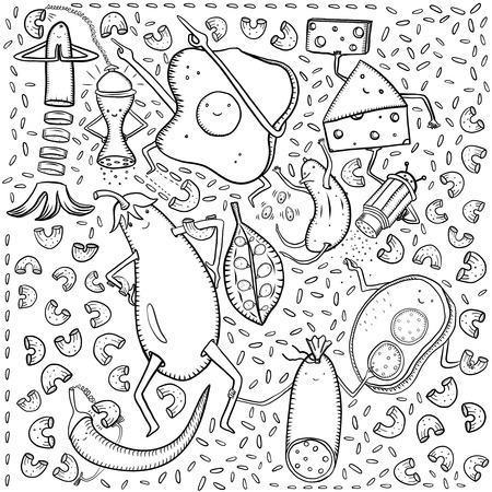 Scrambled eggs, pasta, rice, cheese, sausage, eggplant, cucumber, peas sandwich sausage rice pasta and other doodles on white backgroundのイラスト素材