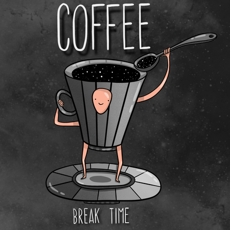 coffee mug with coffee and space flies on a flying saucer with a spoon on the grey backgroundの写真素材