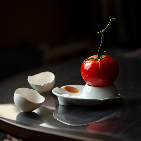 a bright red tomato on a branch hatched from an egg on dark backgroundの写真素材