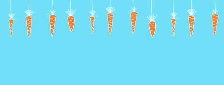 drawn a few carrots dangling on a string on a blue background