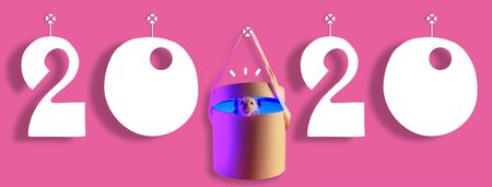 cute decorative rat in the gift and 2020 neon sign with shadow on pink background
