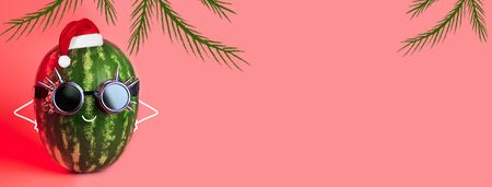 watermelon punk in rocker glasses and Santa Claus Christmas hat on pink background.の写真素材