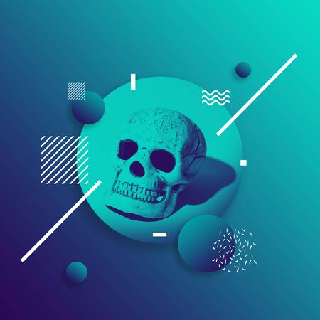 geometric composition of various figures and skulls with a hard shadow on a mint backgroundの写真素材