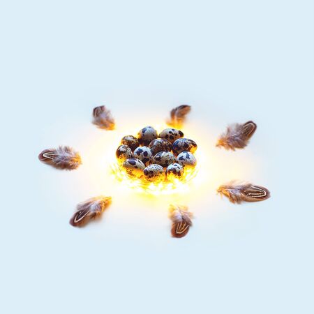 Easter card. Eggs quail and feathers in the garland. Bannerの写真素材