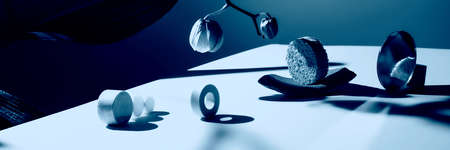Geometric composition with orchid flower and circles of different materials. Monochrome. Banner.