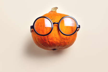 A portrait of Mr. Pumpkin with glasses. Halloween concept.の写真素材