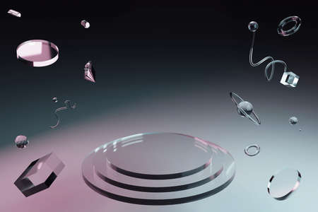 3D neon glass figures hover in space or ocean. The podium for the mockups