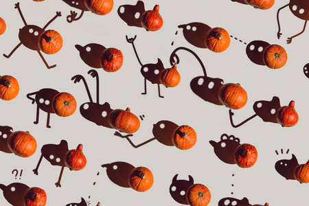 Pattern of many different pumpkins with a hard shadow on a gray background. Halloween conceptの写真素材