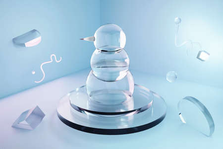 Glass transparent snowman from three round spheres in a geometric angle, on the podium, next to fly...