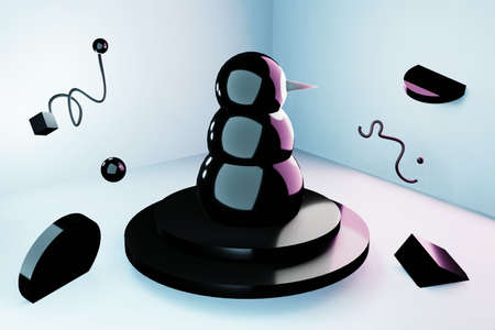 3d Glass black snowman from three round spheres in a geometric angle, on the podium, next to fly...