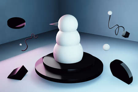 3d Glass white snowman from three round spheres in a geometric angle, on the podium, next to fly...
