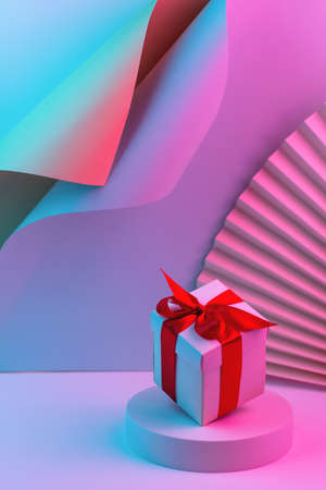 Gift box with red ribbon on trendy neon color background. zero gravity. levitation. copyspace. Concept sales, discount price, christmas presents and shopping.の写真素材