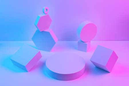 Different geometric shapes illuminated by neon. A podium for product advertising. Trend concept.の写真素材
