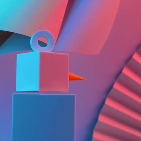 The polygonal snowman of cubes is illuminated with neon light, against the background of the fan and...