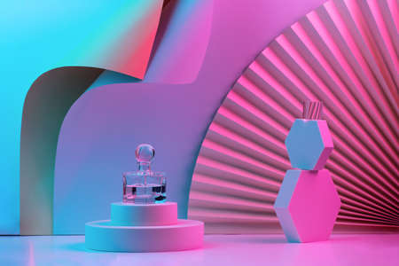 Composition with perfume on the podium, with geometric shapes and a fan in neon light.
