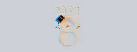 A snowman made of flour with carrots and matches. New Year's Concept Postcard 2021. Bannerの写真素材